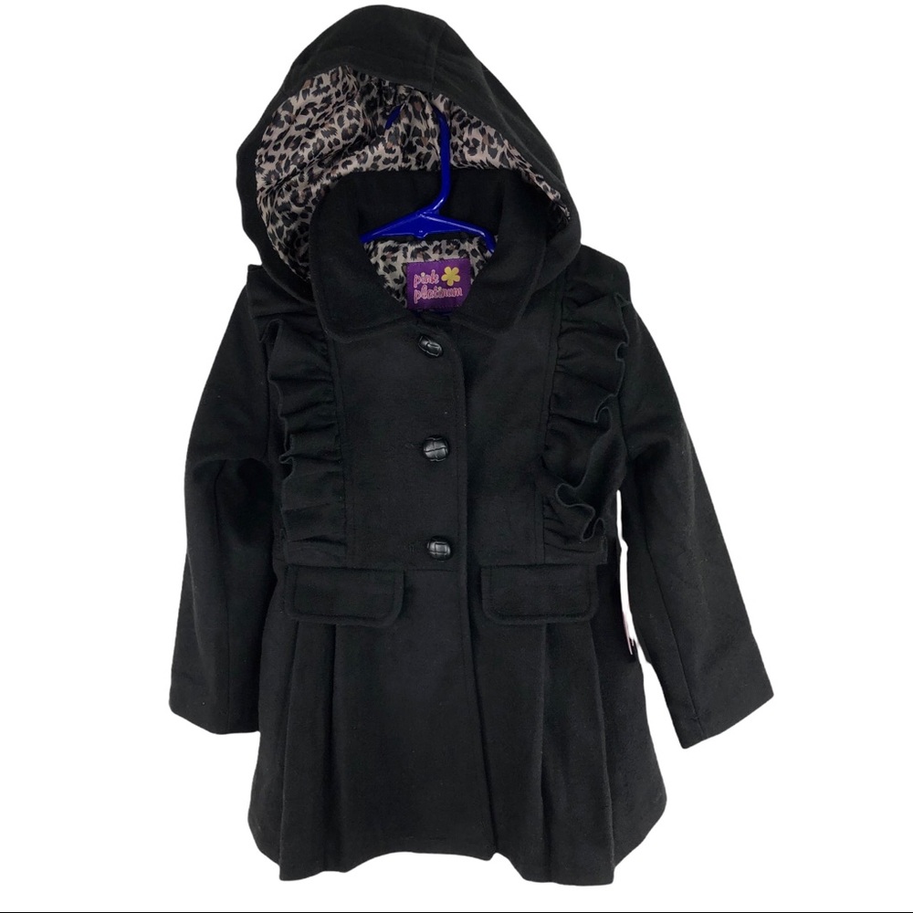 🆕 Pink Platinum Black Ruffle Pleated Peplum Hooded Pea Coat w/ Bow Girls Size 4
